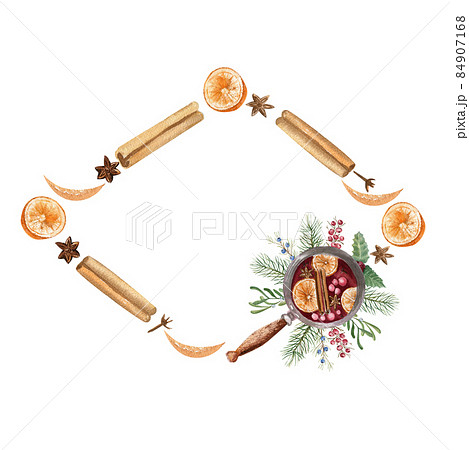 A wreath of lemons, cinnamon, cloves, mulled wine. Watercolor illustration 84907168
