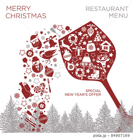 Holiday christmas background with glass of wine on fores landscape, new year icon in red glasess. Vector christmas design card. 84907169