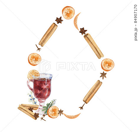 A wreath of lemons, cinnamon, cloves, mulled wine. Watercolor illustration 84907170