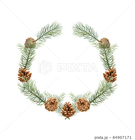 A wreath of fir branches and cones. Watercolor illustration 84907171