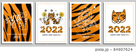 New Year card set with Funny Tiger Characters. Celebration cards of New Year 2022 84907624
