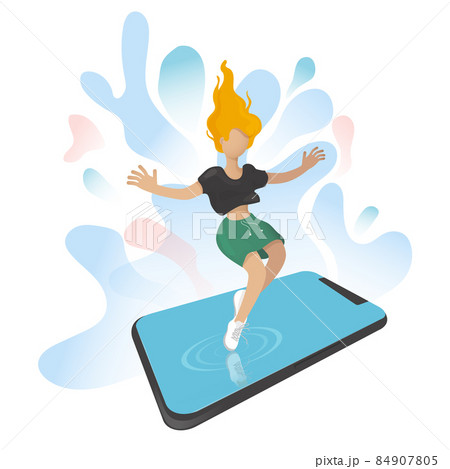 A young teenage girl falls into her cell phone. Addicted to the Internet and social media. A young teenage girl falls into her cell phone. Addicted to the Internet and social media. 84907805