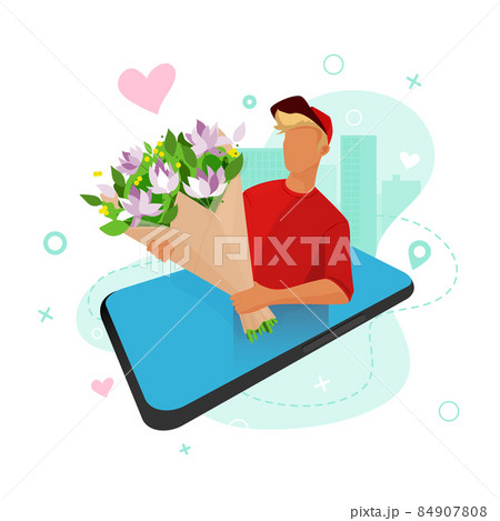 Flower delivery through an online store. A guy is holding a bouquet of flowers. Flower delivery through an online store. A guy is holding a bouquet of flowers. 84907808