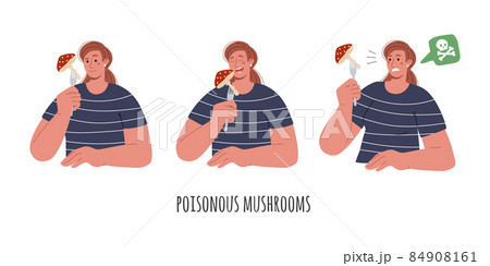 Poisoning of poisonous mushrooms.Eating a wrong fly agaric.Vector flat illustration. 84908161