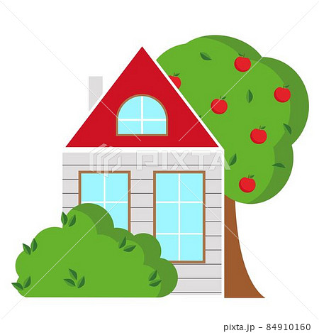 Simple rural wooden house with apple tree and bush 84910160