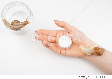 Close-up of a woman's hand with a small jar of moisturizer and a snail crawling on the skin. The use of snails in cosmetology. 84911186
