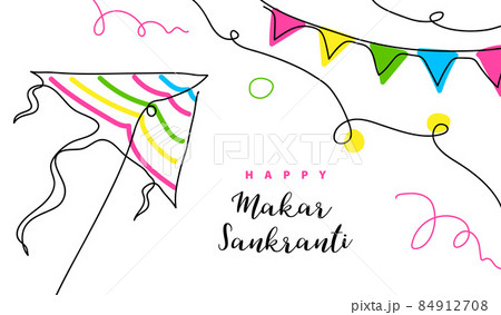 Makar Sankranti vector banner, poster. Kite one line art drawing background. Continuous lineart with text Happy Makar Sankranti 84912708