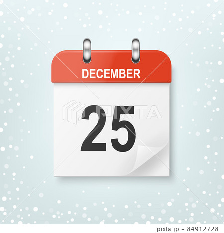 Merry Christmas Banner. Vector 3d Red Realistic Christmas Calendar. December 25. Christmas Holiday Eve Concept. Design Template of Paper Calendar. Square Calendar anrd Snowflakes, Snowy Background 84912728