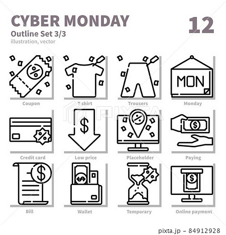 Cyber monday icons set, Detailed Outline, vector and illustration set 3 84912928