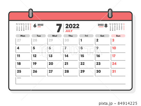 22年7月のカレンダー シンプルな月曜始まりの月めくりカレンダー マンスリー 3ヶ月分のイラスト素材