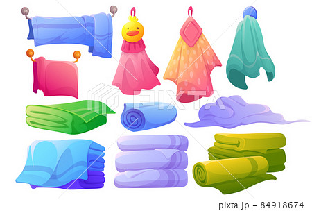 Soft fabric towels hanging, lying, folded in stack 84918674