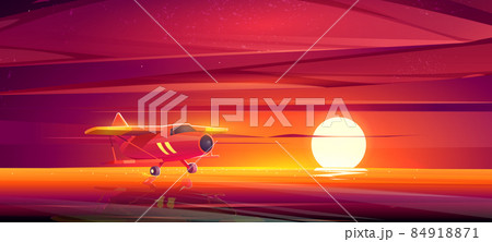 Small airplane at sunset ocean cartoon landscape 84918871