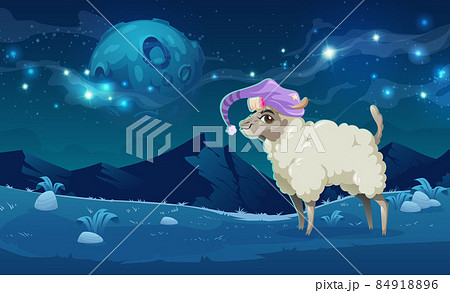 Cute alpaca in sleeping hat on meadow at night Cute alpaca in sleeping hat on meadow at night 84918896