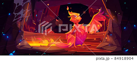 Phoenix, fenix fire bird cartoon character in cave 84918904