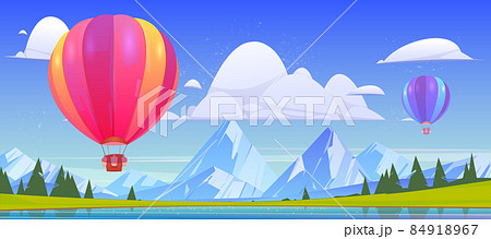 Mountain landscape with lake and hot air balloons Mountain landscape with lake and hot air balloons 84918967