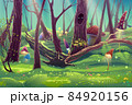 Amazing fantasy mushroom garden with trees, green forest with fly agaric, sunlight rays, grass, leaves and beautiful nature in vector. Summer floral park illustration digital artwork. 84920156