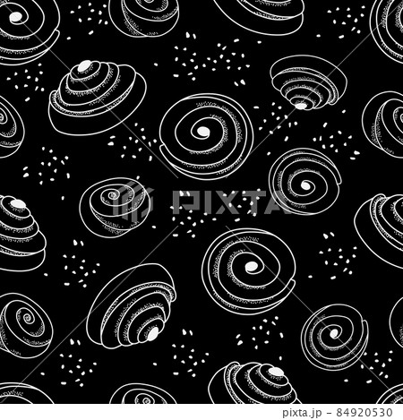 Swedish sweet kannelbulle black and white seamless pattern. Suitable for printing on packaging, paper, for menu decoration. Vector outline background. 84920530