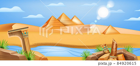 Egypt landscape, vector nature cartoon desert game background, pharaoh pyramid view, sand dune.  84920615