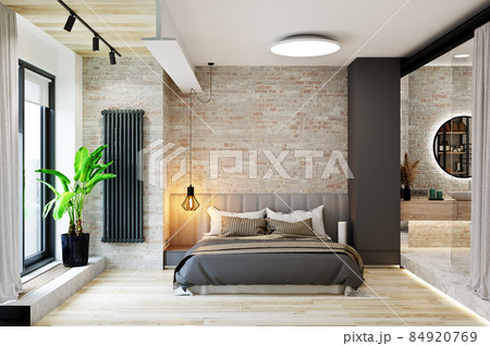 interior of a bedroom in a modern loft style with a bathroom interior of a bedroom in a modern loft style with a bathroom 84920769