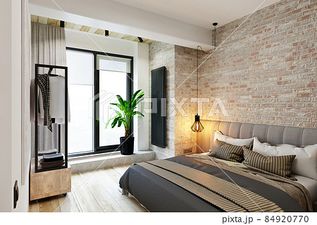 interior of a bedroom in a modern loft style with a bathroom interior of a bedroom in a modern loft style with a bathroom 84920770
