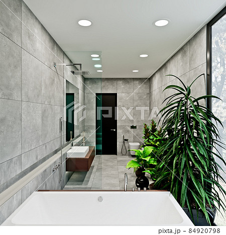 modern bathroom design with tiles concrete and wood 84920798