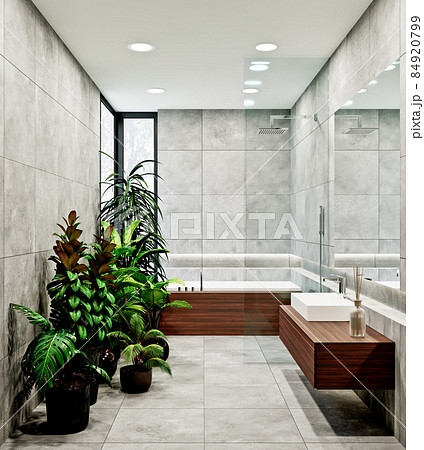 modern bathroom design with tiles concrete and wood 84920799