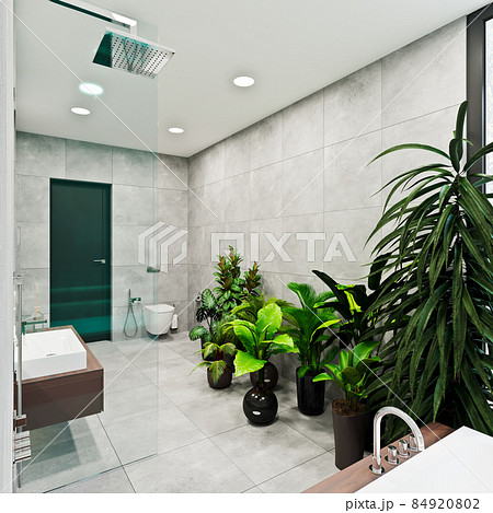 modern bathroom design with tiles concrete and wood 84920802