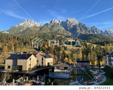 View from hotel window in Leogang village on the mountain range Leoganger Steinberge in the Alps mountains background Austria 84921433