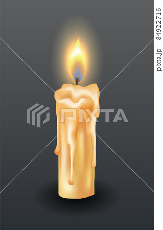 Burning candle with dripping or flowing wax. Yellow candle with golden flame. Lit and melted wax. Illustration of beautiful glowing candle on dark background Burning candle with dripping or flowing wax. Yellow candle with golden flame. Lit and melted wax. Illustration of beautiful glowing candle on dark background 84922716