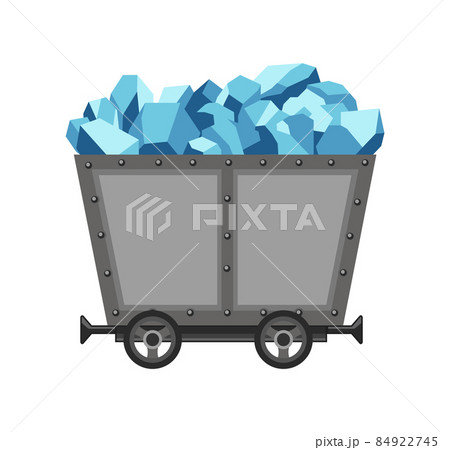 Metal mine cart loaded with crystals. Cartoon mine trolley. Vector design illustration isolated on white background 84922745