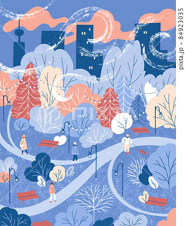 Winter evening city. People walking in the park 84923035