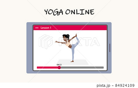 Yoga classes online without leaving home. A pretty African girl shows an asana on the tablet screen. Yoga training via the Internet. Vector illustration. 84924109