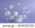 Abstract scene with geometric forms. Cylinder podium, stand on pantone 2022 color, blue background with flying balls, spheres. Stage pedestal or platform. Stylish trendy 3D render 84926530