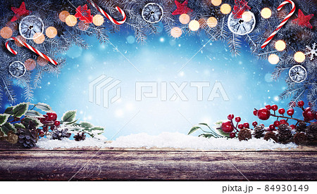 Christmas holidays scenic background with wooden table and christmas decoration. 84930149