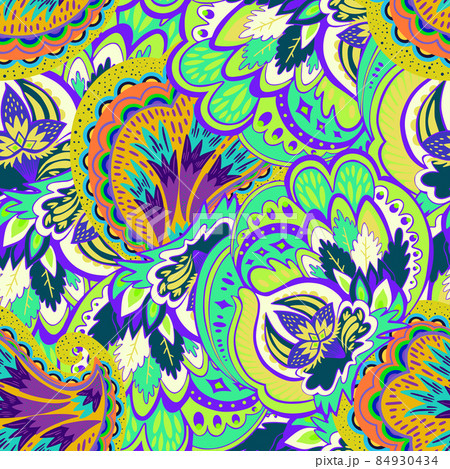 Colorful seamless pattern with crazy psychedelic organic abstract elements, print with plant and mushrooms Colorful seamless pattern with crazy psychedelic organic abstract elements, print with plant and mushrooms 84930434