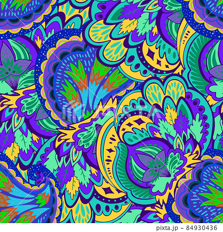 Colorful seamless pattern with crazy psychedelic organic abstract elements, print with plant and mushrooms Colorful seamless pattern with crazy psychedelic organic abstract elements, print with plant and mushrooms 84930436