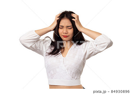 young woman having headache on white background young woman having headache on white background 84930896