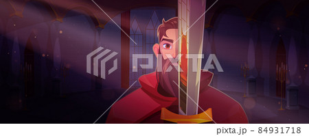 Knight holding sword in medieval royal castle 84931718
