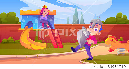 Kids playing in princess and knight on playground Kids playing in princess and knight on playground 84931719