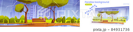 Parallax background city park with bench at rain 84931736