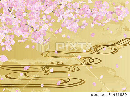 桜に流水と金箔の背景 84931880