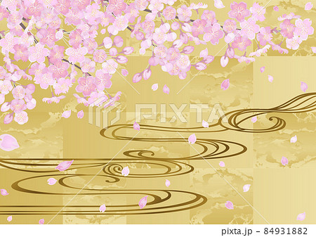 桜に流水と金箔の背景 84931882