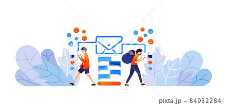 exchanging messages with social media. send digital messages and emoticons with envelopes. talk by typing vector illustration concept for landing page, web, ui, banner, poster, template, background 84932284