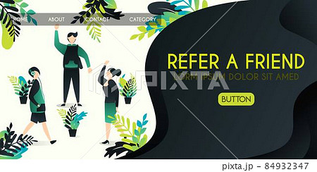 Refer a friend vector illustration concept, group of people who are greeting and talking with refer a friend word , can use for, landing page, template, ui, web 84932347