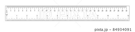 Horizontal ruler with 30 centimeter and 12 inch scale. Measuring chart with markup and numbers. Distance, height or length measurement tool 84934091