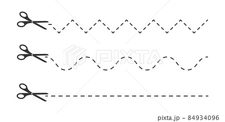 Set of scissors icons with dotted zigzag, wave and straight lines. Cut here pictogram for coupons, vouchers, labels, paper pages Set of scissors icons with dotted zigzag, wave and straight lines. Cut here pictogram for coupons, vouchers, labels, paper pages 84934096