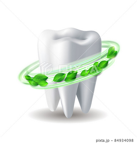 Whirlwind of green leaves swirls around white shiny tooth. Whirlwind of green leaves swirls around white shiny tooth. 84934098
