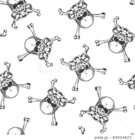 Seamless pattern of vintage monochrome jskull with respirator and crossed bones illustration. Vector illustration template 84934825