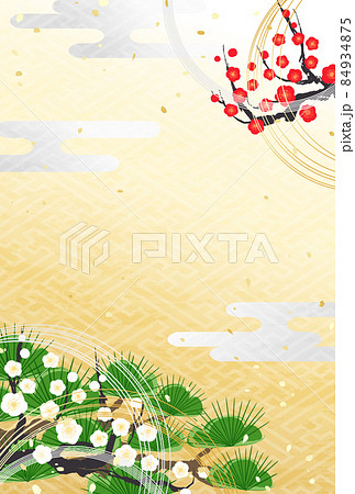 紅白の梅と鮮やかな緑の松　お正月の生花 84934875