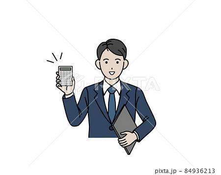 電卓を持つ　税理士　ビジネスマン　スーツ姿の男性　税金　計算機　計算　調べる 84936213
